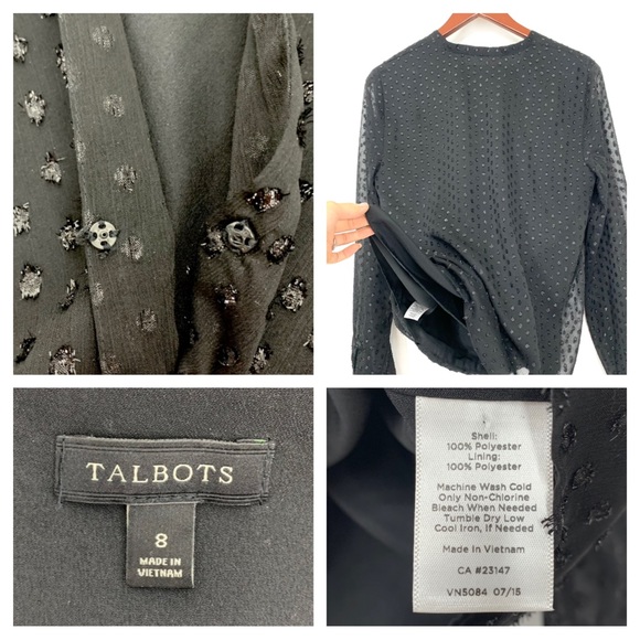 Talbots Solid Black Textured Swiss Dot Sheer Long Sleeve Surplice Blouse Size 8 - Picture 13 of 16